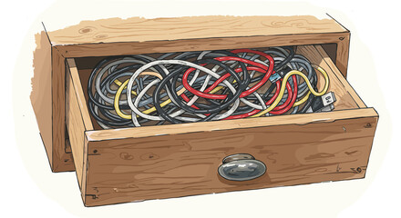 Wooden drawer filled with colorful tangled wires, casual organization on a white background
