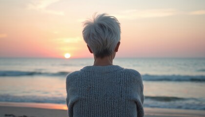 Elderly caucasian woman with short grey hair sits on beach watching sunset over ocean. Serene woman in knitted sweater finds peace, solitude near calm sea coast, contemplating twilight sky, horizon.