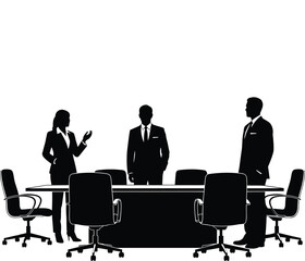 Obraz premium Vector illustration of business meeting with silhouettes of people around a table