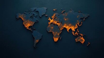 A stylized world map design featuring glowing outlines, showcasing continents in fiery orange against a dark textured background.