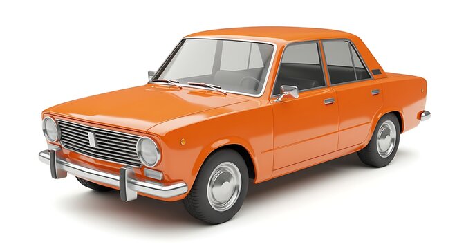 A cartoon-style old sedan car in solid orange color, glossy reflections, cartoon shading, clean and simple, isolated on white background, no marks.