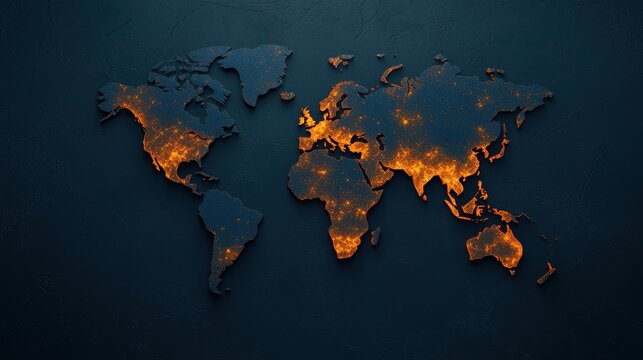 A stylized world map design featuring glowing outlines, showcasing continents in fiery orange against a dark textured background.