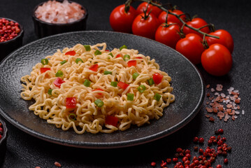 Asian food, chinese or thai rice noodles with vegetables and meat. Rice noodles