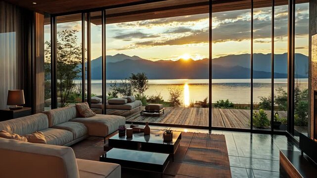 Terrace of a wooden house or hotel on the riverbank or lake with sun beds on a sunny day