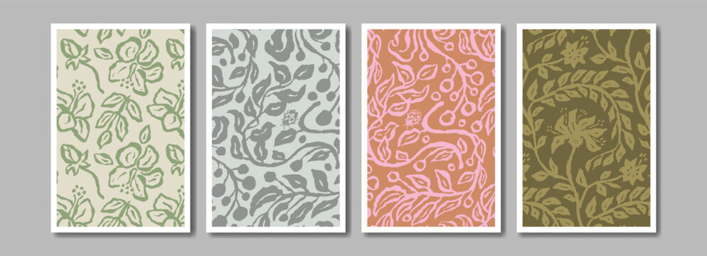 Ink brush abstract floral pattern for poster or card design set. Minimalist doodle nature background bundle for social media or wall art