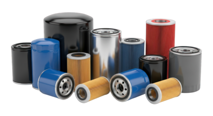 Assortment of Automotive Oil Filters in Various Colors and Sizes.