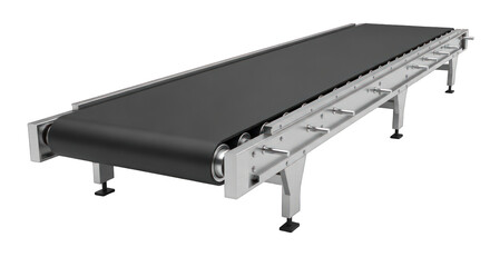 Industrial Conveyor Belt System with Metal Frame and Black Belt.