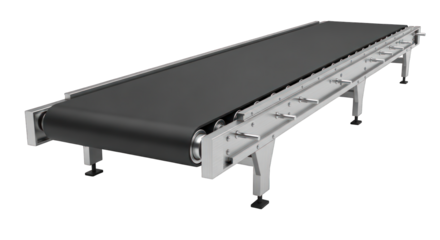 Industrial Conveyor Belt System with Metal Frame and Black Belt.