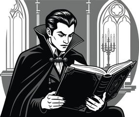 Vampire reading an ancient book in a gothic castle interior illustration art
