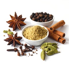 Assorted spices arranged on white background