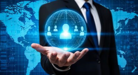 Global network connections business technology concept with world map and social media icons on hand