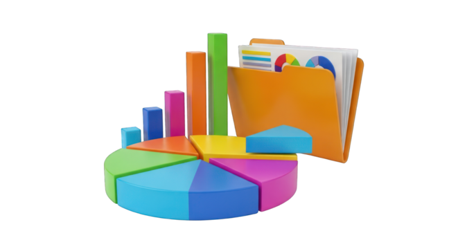Colorful 3D Pie Chart Bar Graph and Data Folder.