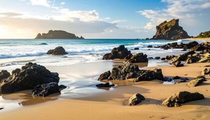 Picturesque beach with dark rocks, calm water, and islands on horizon