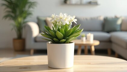 Potted white kalanchoe plant on modern home table. Minimalist interior design, soft background lighting creates cosy, serene atmosphere. Green leaves, delicate blossoms add natural elegance to room