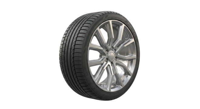 Car Tire with Silver Rim and Tread Pattern.