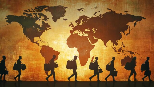 Silhouettes of people carrying belongings on the background of the world map against the background of the sunset orange sky