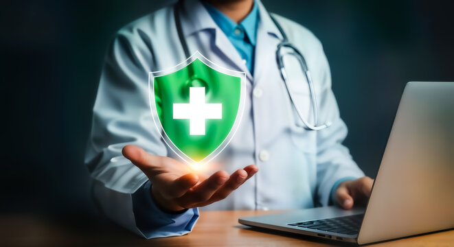 Doctor offering healthcare protection insurance with green shield and plus sign for health safety 100