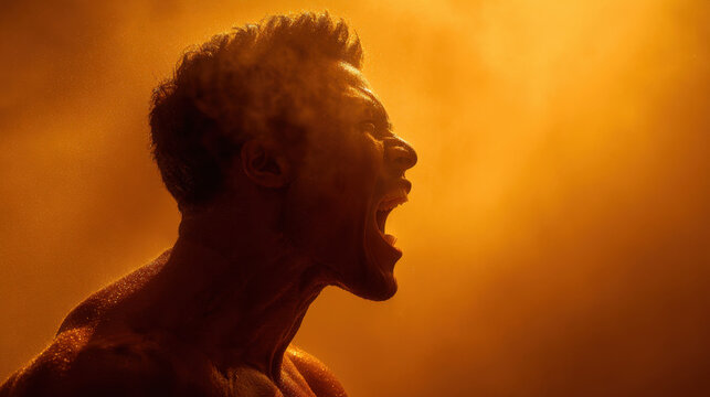 Angry man with mouth wide open screaming in dramatic fiery orange background - Powered by Adobe