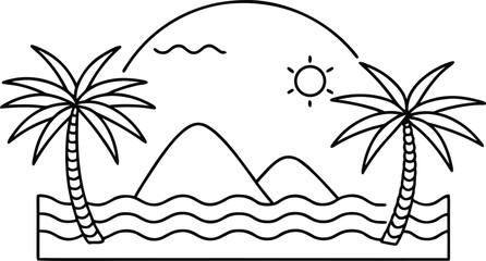 Line art illustration of a tropical island scene with palm trees, mountains, sun, and ocean waves