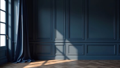 Elegant interior features dark blue walls, plush curtains, wooden herringbone floor. Natural light streams through window, creating contrast, balance. Rich texture, classic design elements contribute