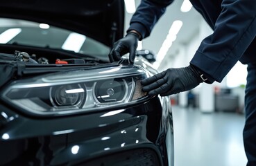 Automotive mechanic in black gloves repairs car headlight after accident. Pro technician works in garage workshop, providing expert vehicle maintenance and auto bodywork services.
