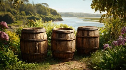 Three rustic wooden barrels are positioned beside a serene river. Colorful flowers and vibrant greenery surround the area, creating a peaceful atmosphere under clear blue skies.