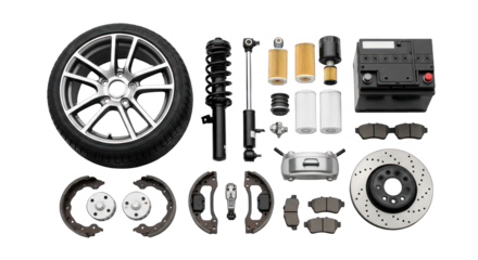 Automotive Parts Collection: Tire Brakes Suspension and Battery.