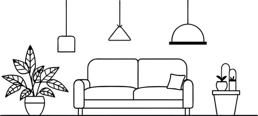 Interior scene line drawing of a sofa with plants and hanging pendant lights, isolated on white background