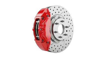 Perforated Brake Disc with Red Caliper Assembly.