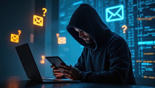 Hooded figure uses tablet, laptop amidst digital chaos. Email icons, question marks surround scene, implying cybersecurity breach hacking incident. Anonymous individual works in cyberspace, facing