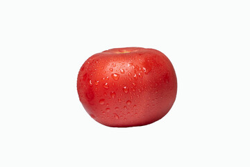 Fresh red tomato covered with water droplets on white background