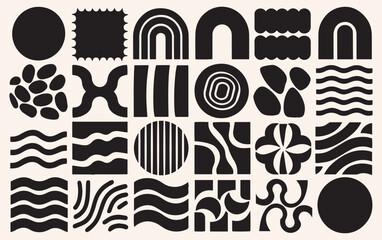A grid of abstract black shapes on a beige background features patterns like waves, arches, circles, and spirals, creating a modern, geometric design.