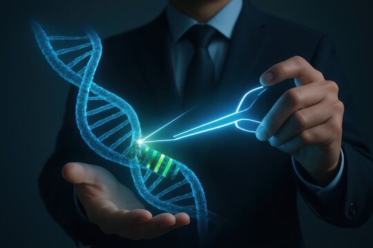 Scientist manipulating glowing dna helix with futuristic tool