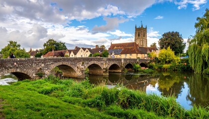 Obraz premium A stone bridge arches over a calm river in a historic village—where church spires rise among trees and reflections whisper stories of time and place.