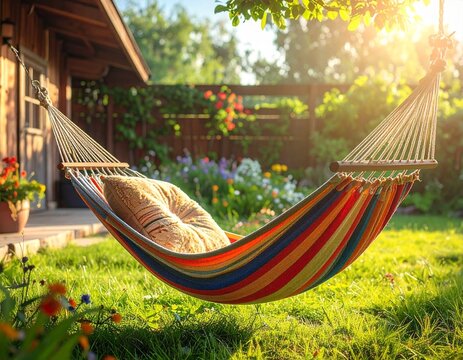 A striped hammock sways between trees in golden light—inviting rest, reflection, and the gentle rhythm of backyard serenity.