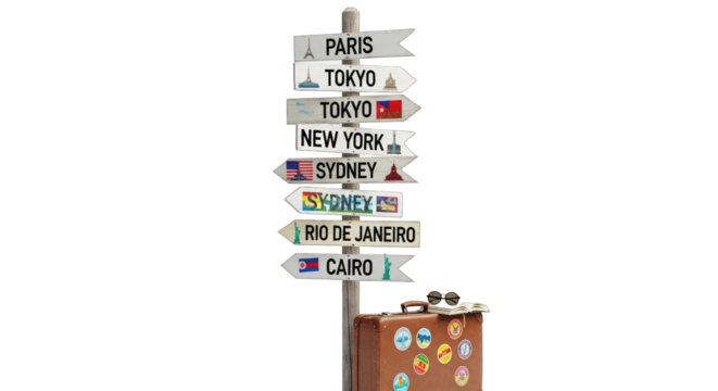 Travel Signpost with Destinations and Vintage Suitcase Ready for Adventure.