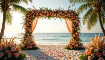 Romantic wedding ceremony setup on tropical beach. Floral arch adorned with peach roses, pampas grass, and flowing drapes frames ocean view. Palm trees flank sand aisle with scattered petals.