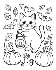 Fototapeta premium Cozy Halloween Wonderland: Cute Spooky Animal Scenes for Relaxation and Stress Relief: Whimsical Halloween Coloring Pages with Cats, Ghosts, Pumpkins, and Friendly Animals for Adults