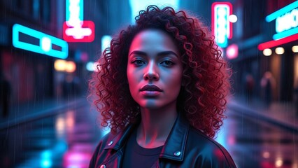 Stylish woman with curly hair, wearing a leather jacket, posing in a vibrant futuristic city street at night, surrounded by glowing neon lights and shimmering rain