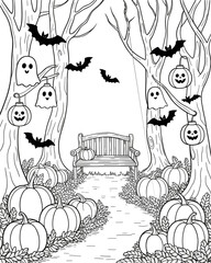 Fototapeta premium Cozy Halloween Wonderland: Cute Spooky Animal Scenes for Relaxation and Stress Relief: Whimsical Halloween Coloring Pages with Cats, Ghosts, Pumpkins, and Friendly Animals for Adults