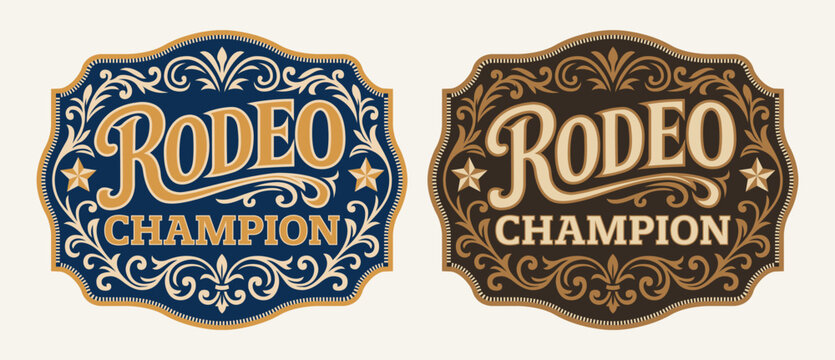 Rodeo Champion Cowboy Label style belt buckle bull rider medal typographic emblem ornate vector design