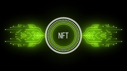 Glowing neon line HUD circle with circuit board animation. Neon green circle with NFT text animated on black background. 4k video - Powered by Adobe