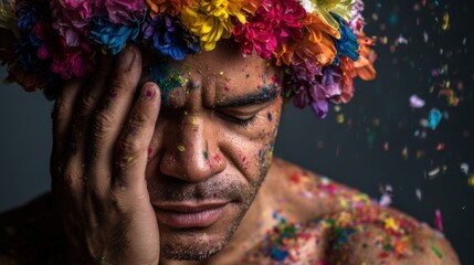 Fototapeta premium A man with a flower crown stands with his eyes closed, adorned in colorful powders and surrounded by confetti, deeply immersing in the joyful atmosphere of a nocturnal festivity.