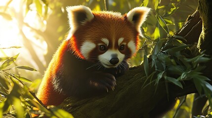 Red pandas climbing lower-altitude bamboo groves as higher elevations warm, moving through bright patches of filtered sunlight