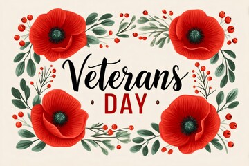 Red poppies commemorating veterans day with floral frame