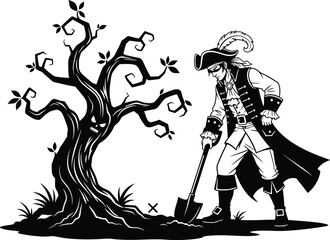 Pirate digging for treasure near a spooky tree marked with an x on a white background