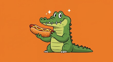 Naklejka premium Cartoon crocodile eating hot dog