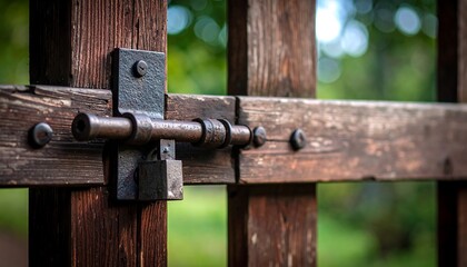Close-up of a wooden gate latch
