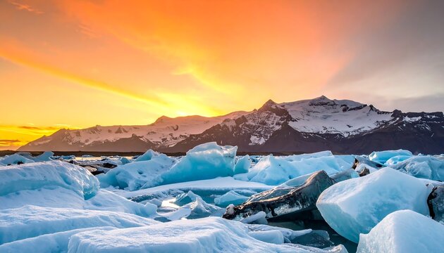 Dramatic sunset over glacial icebergs