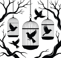 Black silhouette birds inside hanging cages with flying birds outside, tree branches, freedom concept, nature, wildlife, decorative art illustration